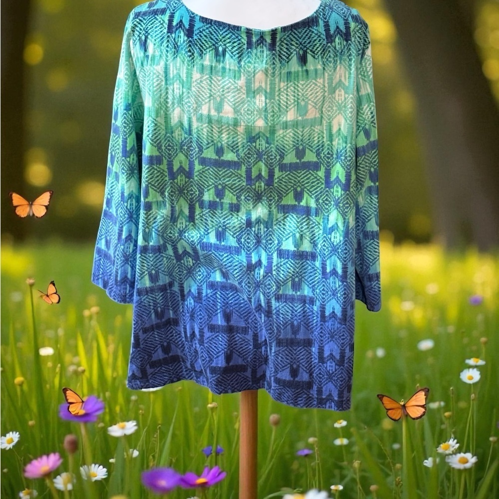 Ruby Rd. Teal and Navy Patterned Blouse - Picture 4 of 5